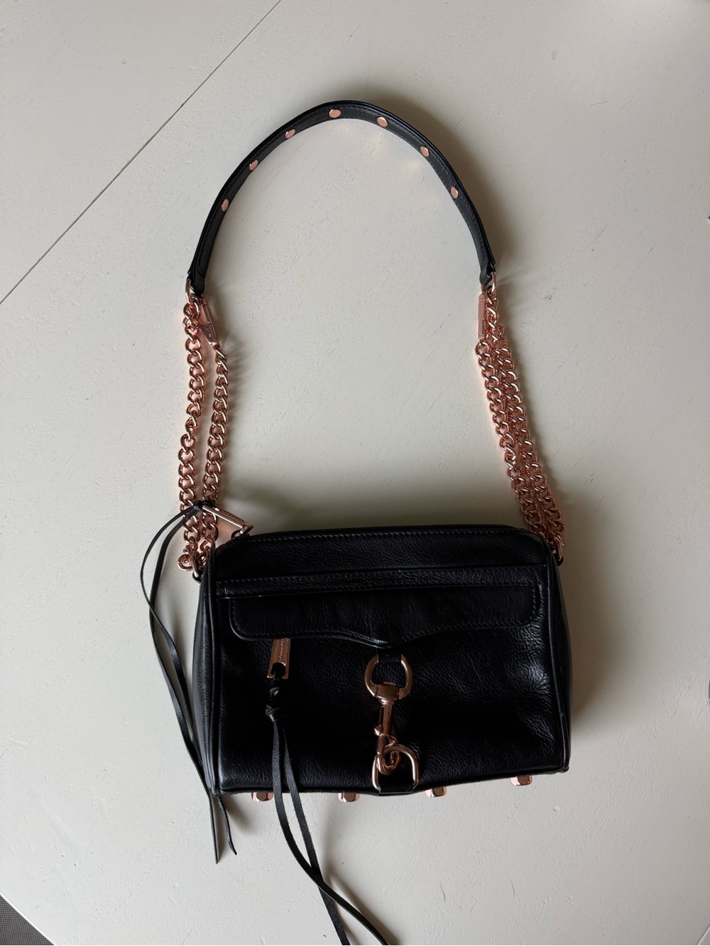 Rebecca Minkoff Mini MAC Black Leather Crossbody Rose Gold Hardware